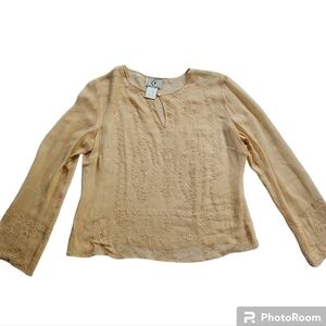 Y2K Ice Brand Tan Silk Embroidered Beaded Sheer Top sz L